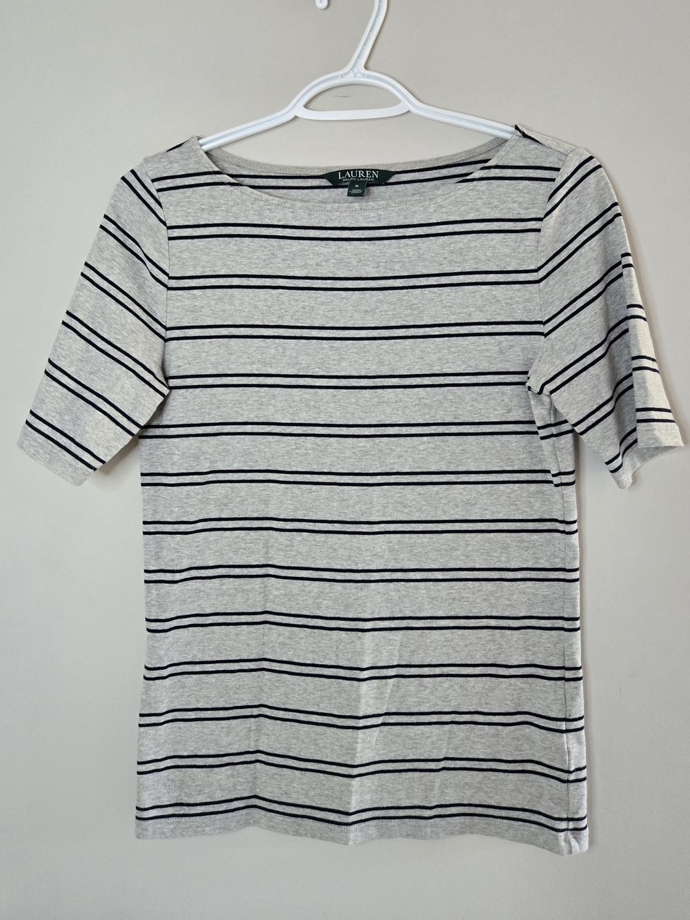 Ralph Lauren classic striped short sleeve tee, grey + navy, wide crewneck, new
